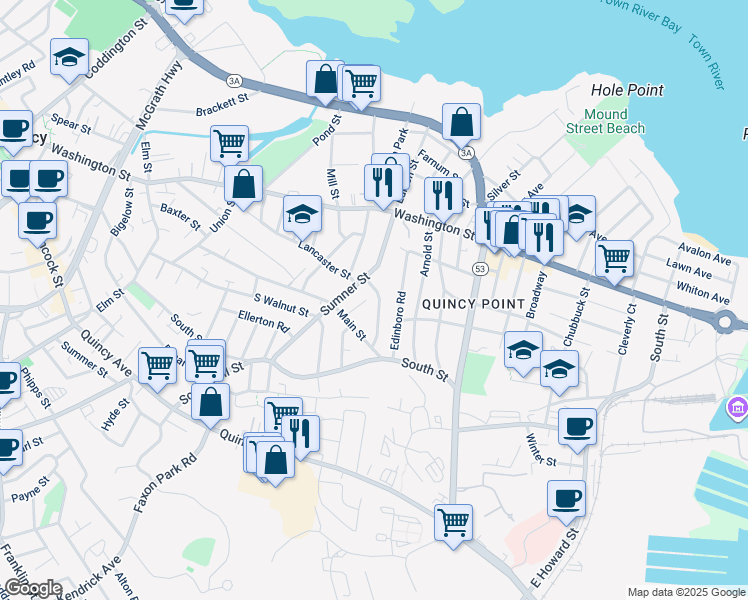 map of restaurants, bars, coffee shops, grocery stores, and more near 25 Harrington Avenue in Quincy
