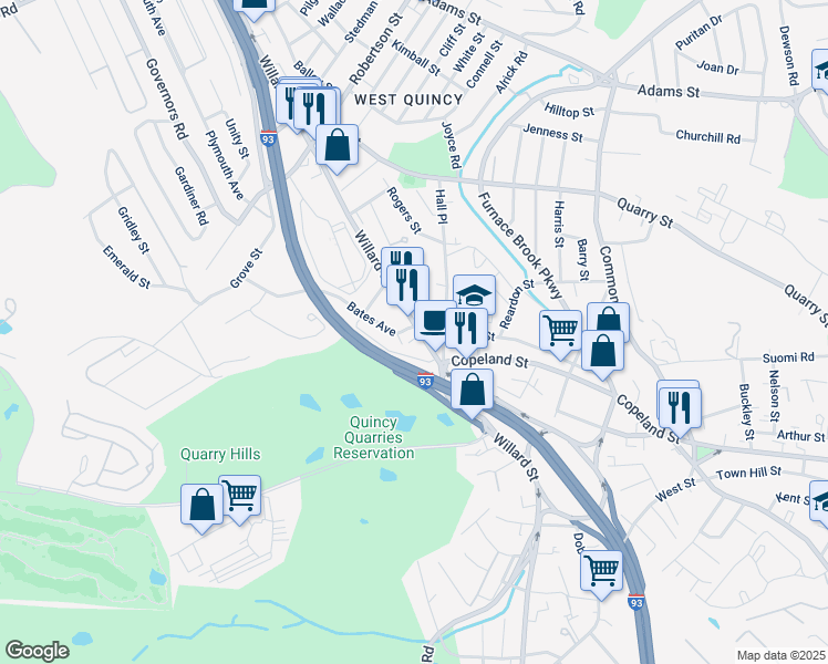 map of restaurants, bars, coffee shops, grocery stores, and more near 291 Willard Street in Quincy
