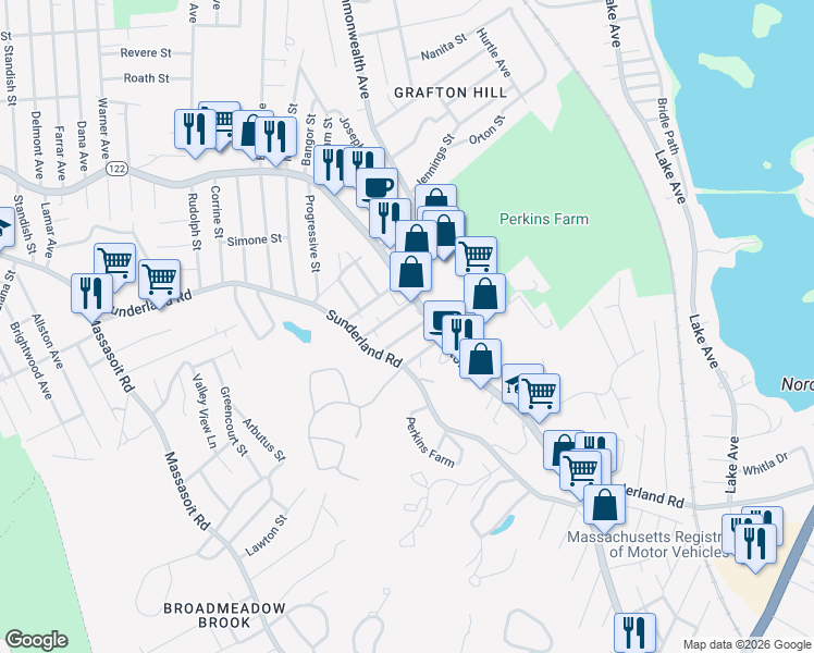 map of restaurants, bars, coffee shops, grocery stores, and more near 26 Caspar Street in Worcester