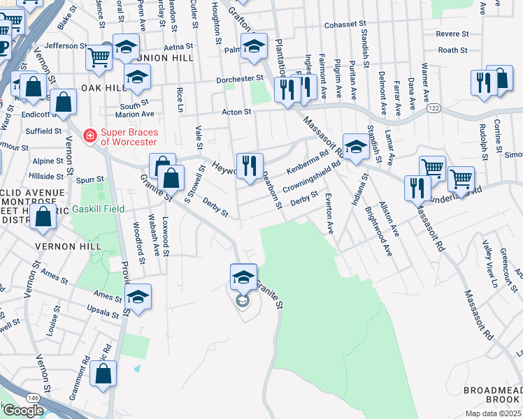 map of restaurants, bars, coffee shops, grocery stores, and more near 96 Derby Street in Worcester