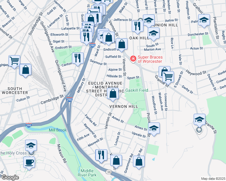 map of restaurants, bars, coffee shops, grocery stores, and more near 5 Montrose Street in Worcester