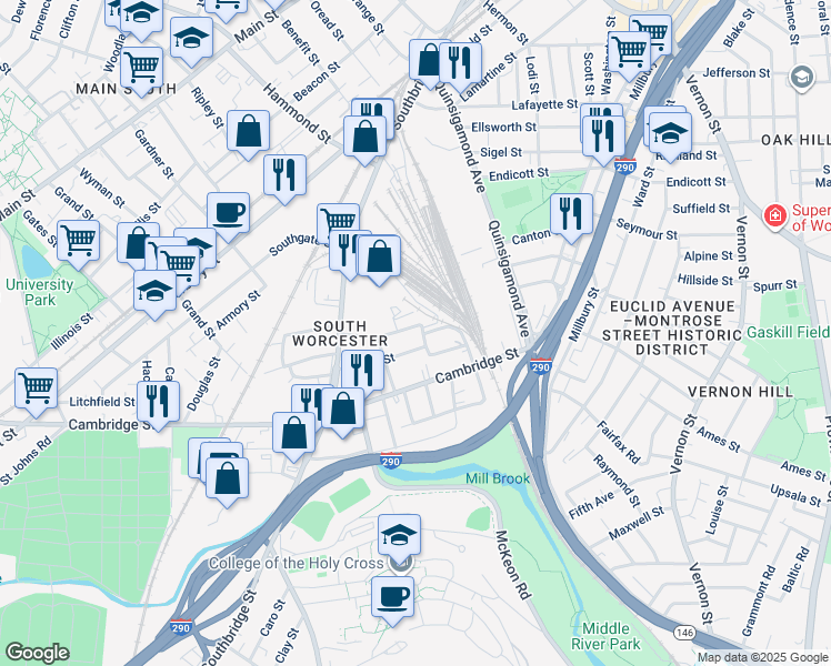 map of restaurants, bars, coffee shops, grocery stores, and more near 4 Clapp Street in Worcester