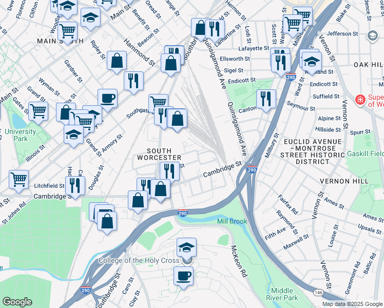 map of restaurants, bars, coffee shops, grocery stores, and more near 4 Clapp Street in Worcester