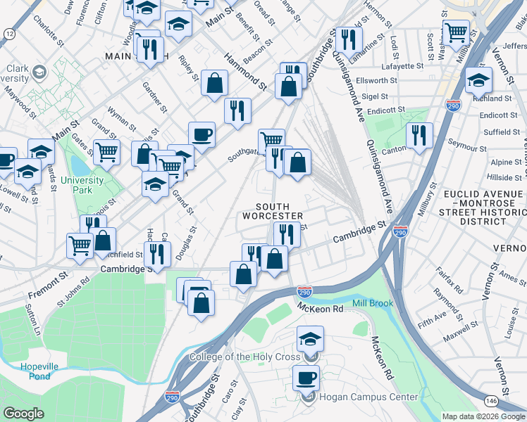map of restaurants, bars, coffee shops, grocery stores, and more near 11 Lewis Street in Worcester