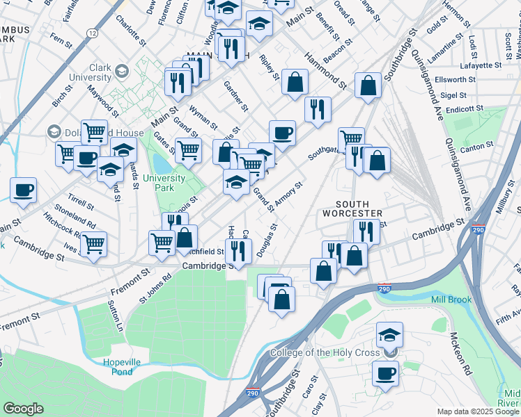 map of restaurants, bars, coffee shops, grocery stores, and more near 154 Grand Street in Worcester