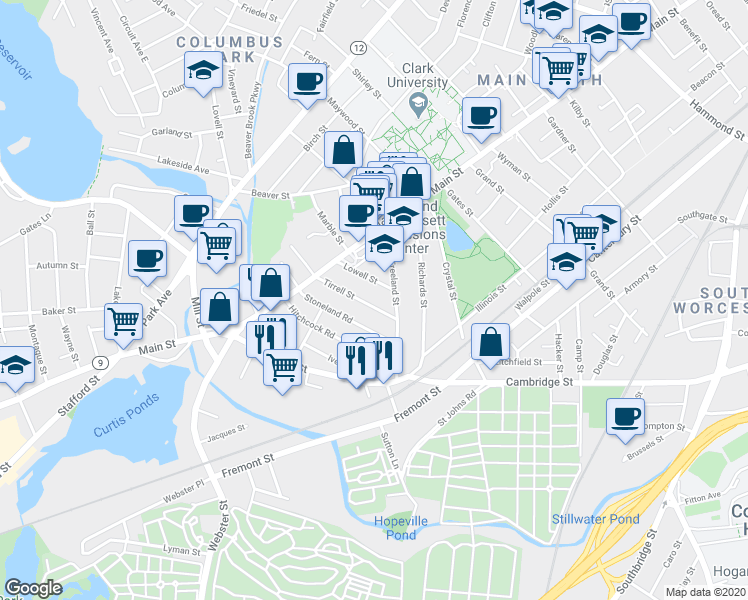 map of restaurants, bars, coffee shops, grocery stores, and more near 32 Tirrell Street in Worcester