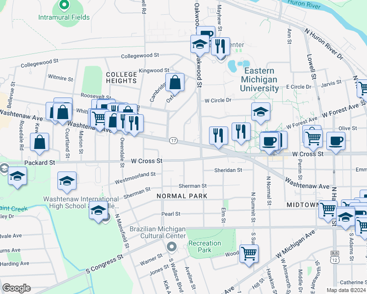 map of restaurants, bars, coffee shops, grocery stores, and more near 1029 Washtenaw Avenue in Ypsilanti