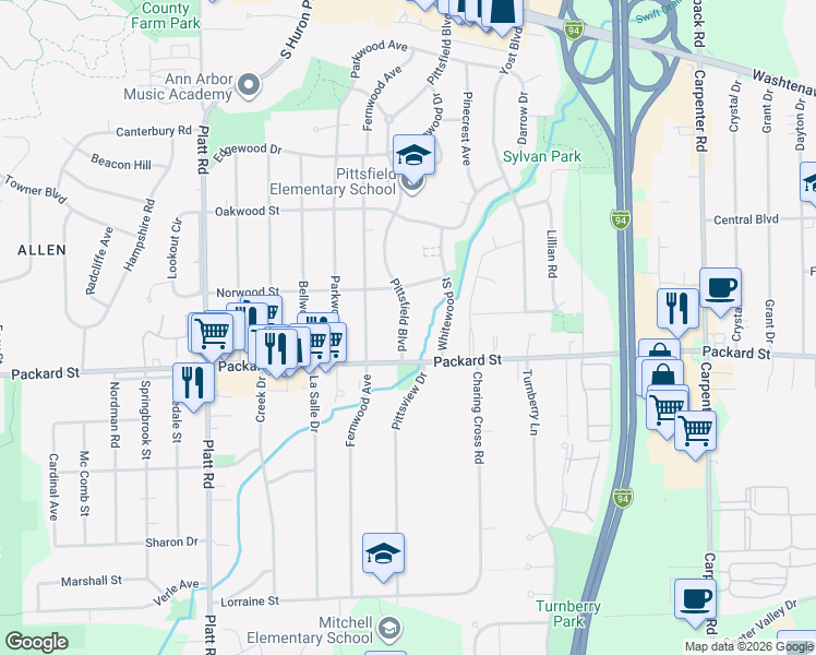 map of restaurants, bars, coffee shops, grocery stores, and more near 2832 Pittsfield Boulevard in Ann Arbor