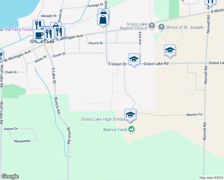 map of restaurants, bars, coffee shops, grocery stores, and more near 755 Meadows Court in Grass Lake
