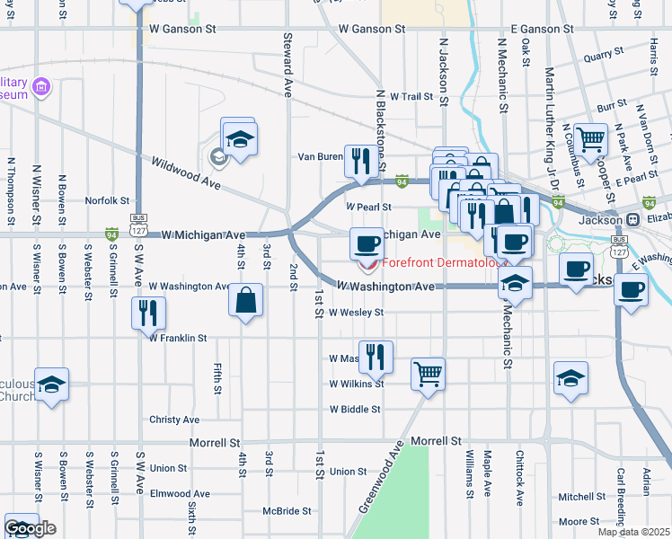 map of restaurants, bars, coffee shops, grocery stores, and more near 330 West Washington Avenue in Jackson