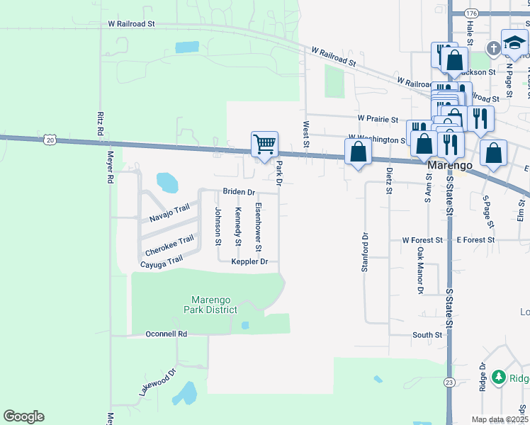 map of restaurants, bars, coffee shops, grocery stores, and more near 497 Eisenhower Street in Marengo