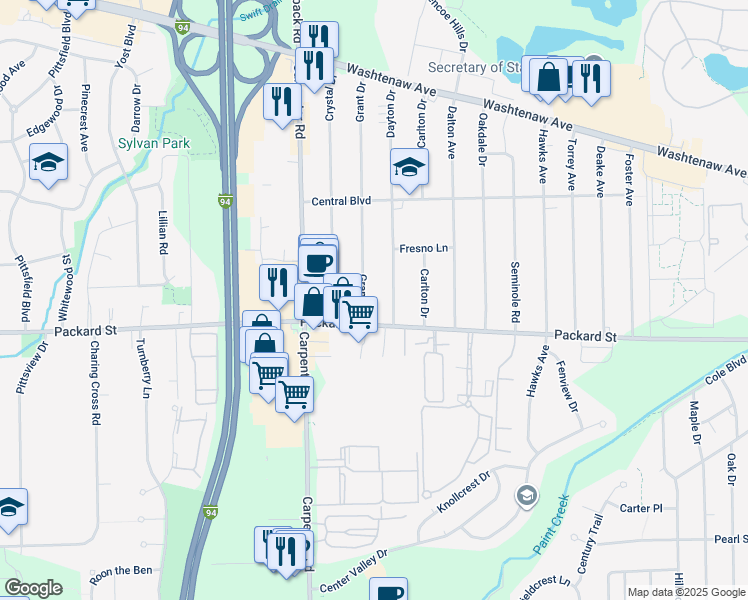 map of restaurants, bars, coffee shops, grocery stores, and more near 2911 Grant Drive in Ann Arbor