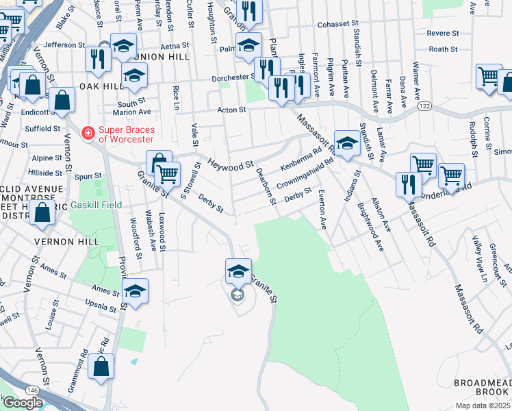 map of restaurants, bars, coffee shops, grocery stores, and more near 96 Derby Street in Worcester