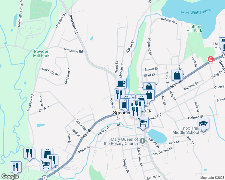 map of restaurants, bars, coffee shops, grocery stores, and more near 29 High Street in Spencer