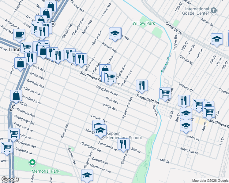 map of restaurants, bars, coffee shops, grocery stores, and more near 717 Cleophus Parkway in Lincoln Park