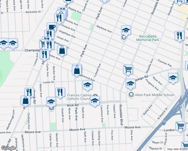 map of restaurants, bars, coffee shops, grocery stores, and more near 15101 Aster Avenue in Allen Park