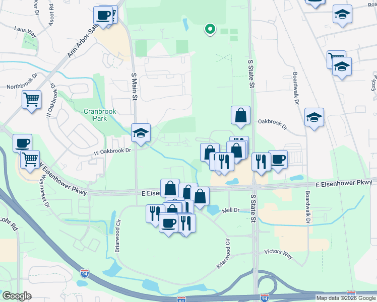 map of restaurants, bars, coffee shops, grocery stores, and more near 350 Briarcrest Drive in Ann Arbor