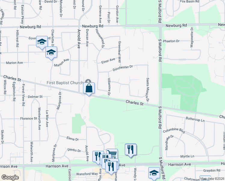 map of restaurants, bars, coffee shops, grocery stores, and more near 5579 White Plains Way in Rockford