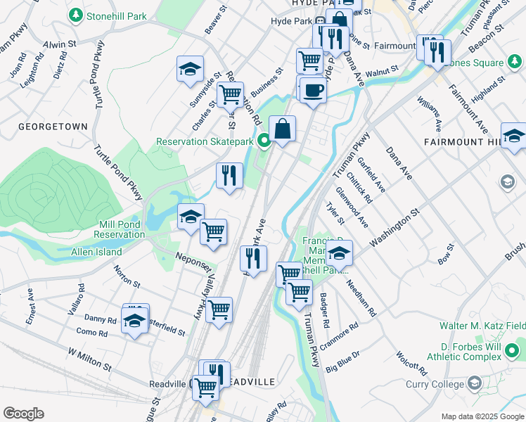 map of restaurants, bars, coffee shops, grocery stores, and more near 1555 Hyde Park Avenue in Boston