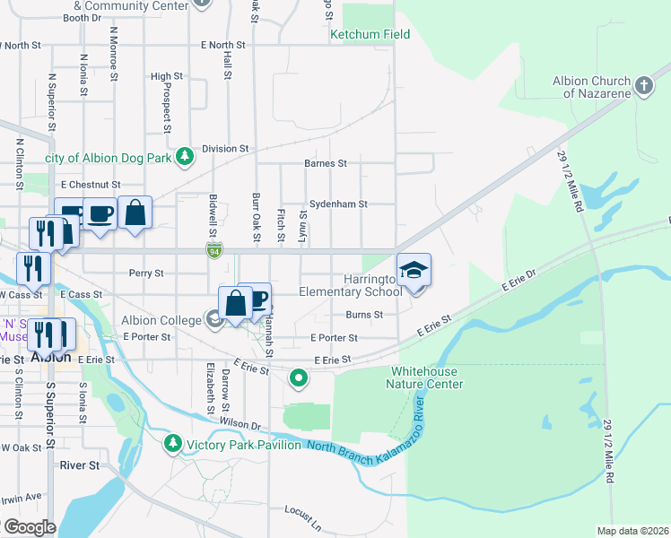 map of restaurants, bars, coffee shops, grocery stores, and more near 1201 Perry Street in Albion