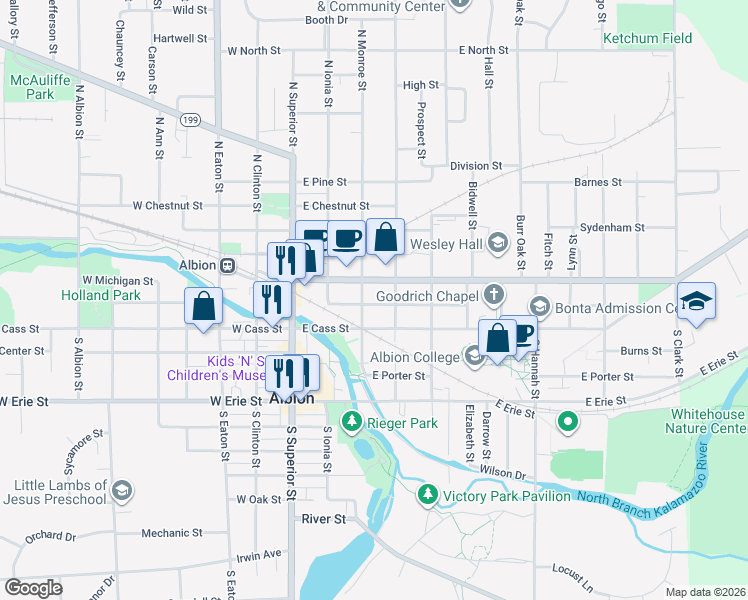 map of restaurants, bars, coffee shops, grocery stores, and more near 305 Perry Street in Albion