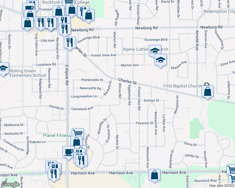 map of restaurants, bars, coffee shops, grocery stores, and more near 2029 Wilcox Road in Rockford
