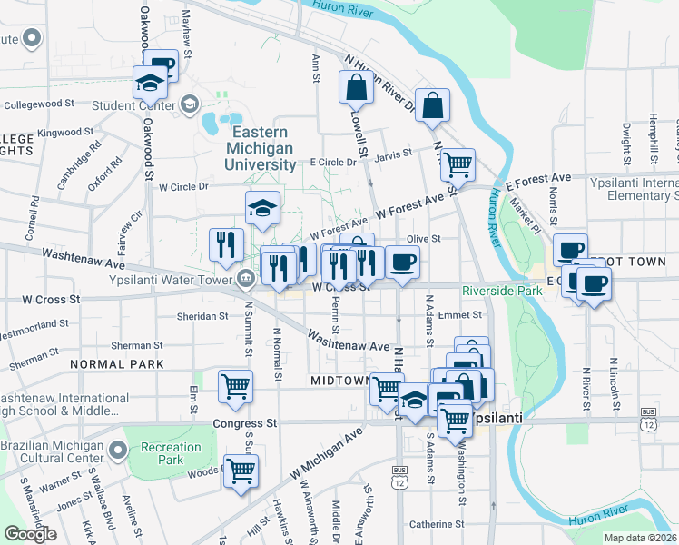 map of restaurants, bars, coffee shops, grocery stores, and more near 408 Perrin Street in Ypsilanti