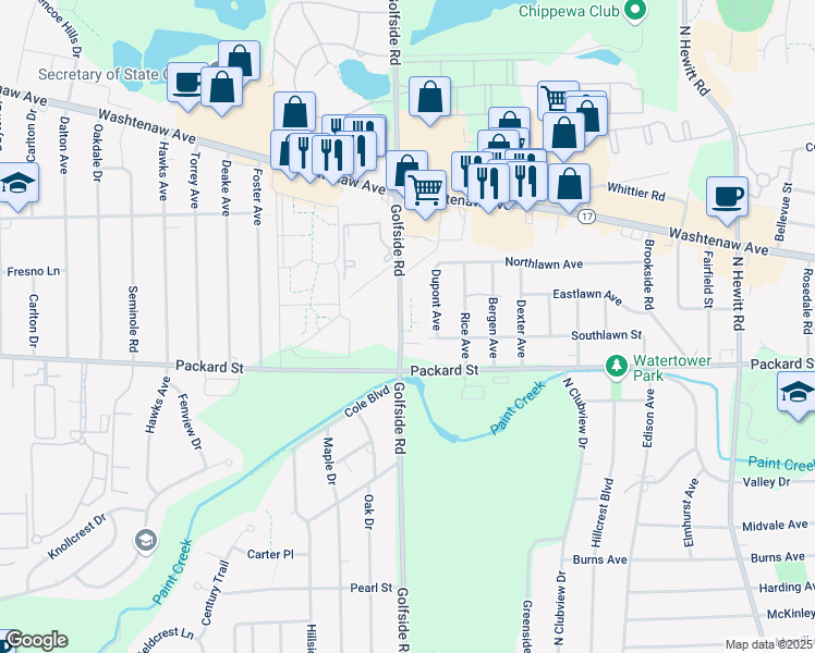 map of restaurants, bars, coffee shops, grocery stores, and more near 2865 Golfside Road in Ypsilanti