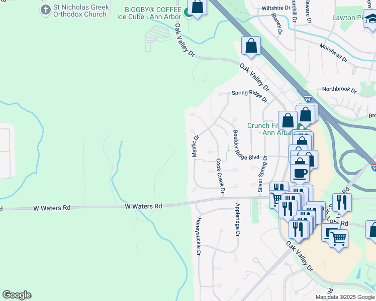 map of restaurants, bars, coffee shops, grocery stores, and more near 2796 Mystic Drive in Ann Arbor