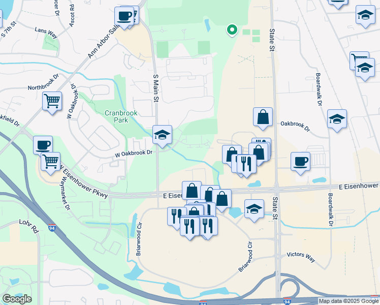 map of restaurants, bars, coffee shops, grocery stores, and more near 250 Briarcrest Drive in Ann Arbor