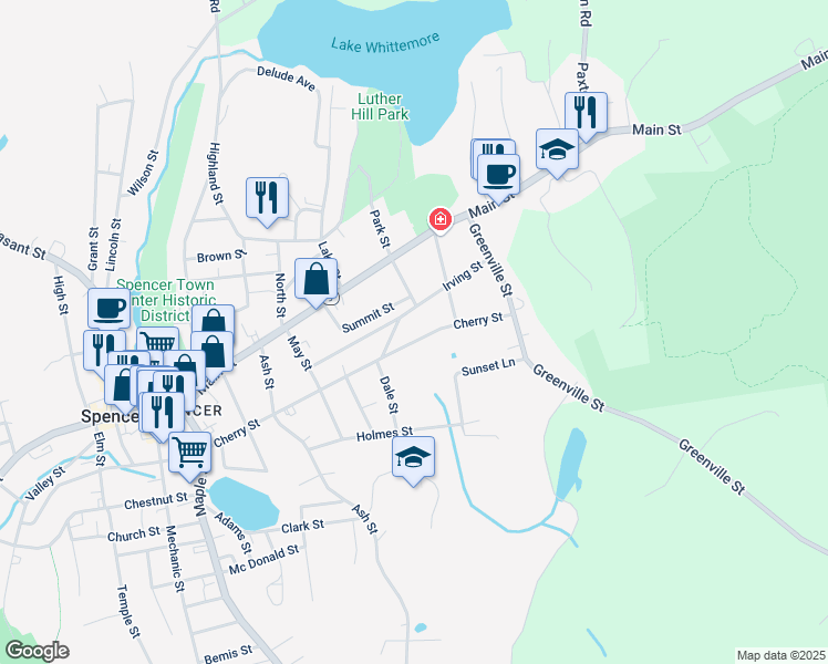 map of restaurants, bars, coffee shops, grocery stores, and more near 82 Cherry Street in Spencer