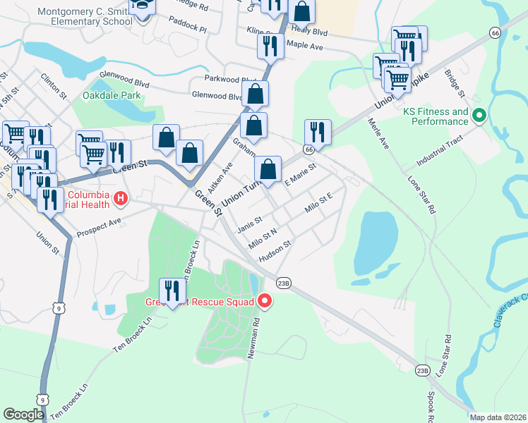 map of restaurants, bars, coffee shops, grocery stores, and more near 15 Janis St in Hudson