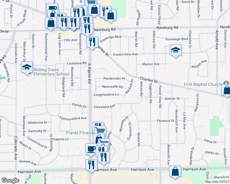 map of restaurants, bars, coffee shops, grocery stores, and more near 4623 Longmeadow Lane in Rockford
