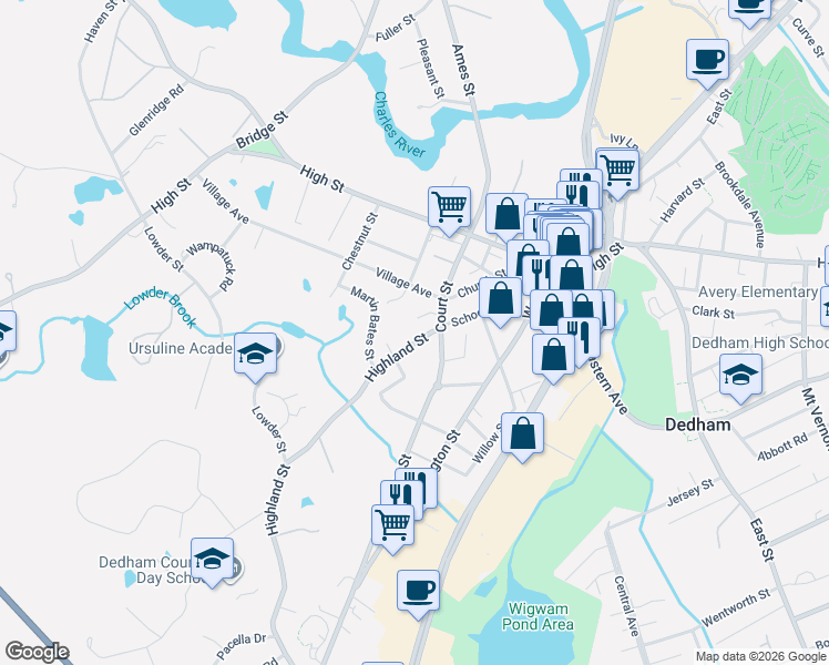 map of restaurants, bars, coffee shops, grocery stores, and more near 17 Highland Street in Dedham