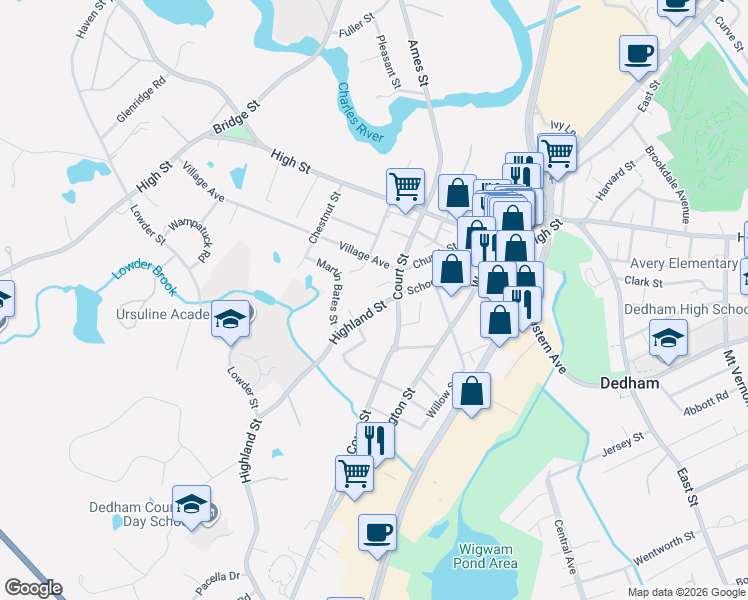 map of restaurants, bars, coffee shops, grocery stores, and more near 10 Highland Street in Dedham