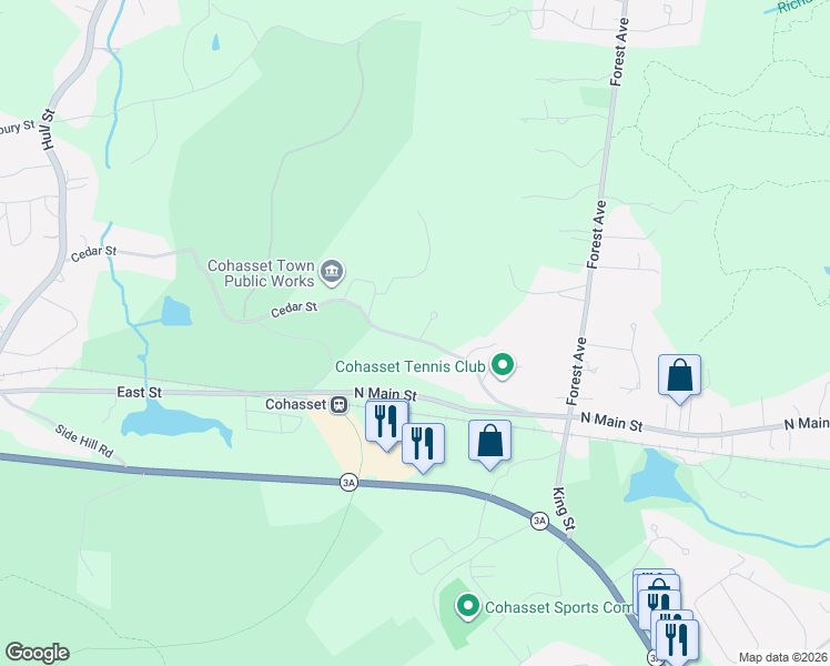 map of restaurants, bars, coffee shops, grocery stores, and more near 18 Cedarledge Village in Cohasset