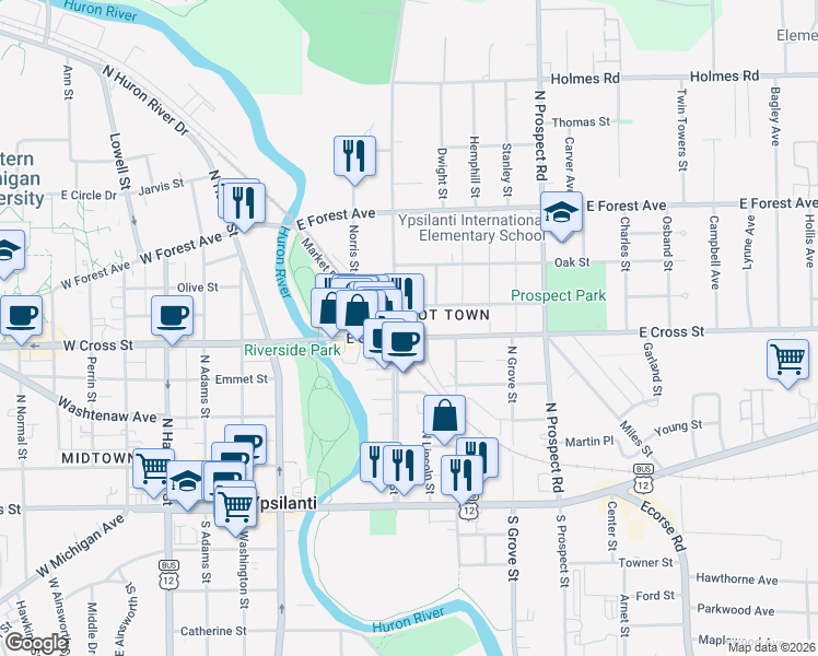 map of restaurants, bars, coffee shops, grocery stores, and more near 400 North River Street in Ypsilanti
