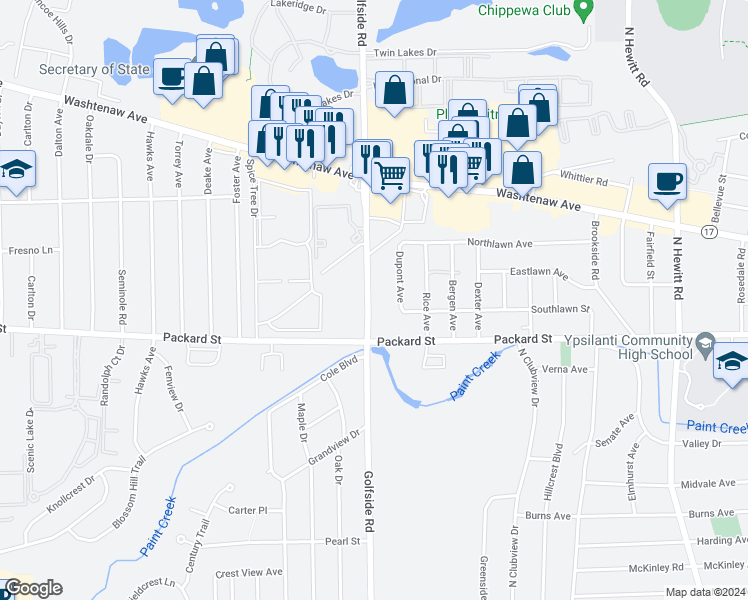 map of restaurants, bars, coffee shops, grocery stores, and more near 2861 Golfside Road in Ypsilanti