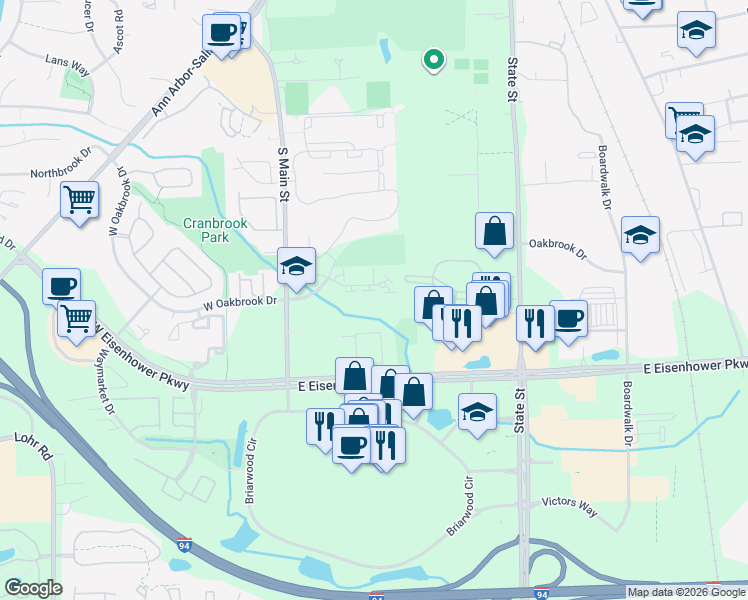 map of restaurants, bars, coffee shops, grocery stores, and more near 300 Briarcrest Drive in Ann Arbor