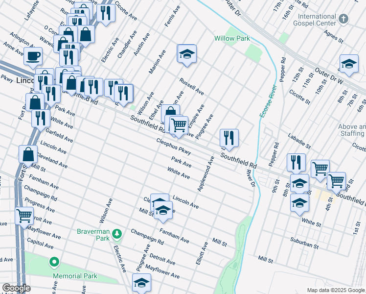 map of restaurants, bars, coffee shops, grocery stores, and more near 717 Cleophus Parkway in Lincoln Park