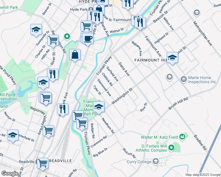 map of restaurants, bars, coffee shops, grocery stores, and more near 75 Chittick Road in Boston