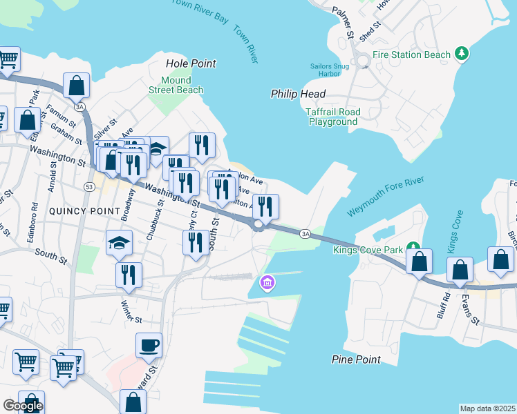 map of restaurants, bars, coffee shops, grocery stores, and more near 88 Whiton Avenue in Quincy