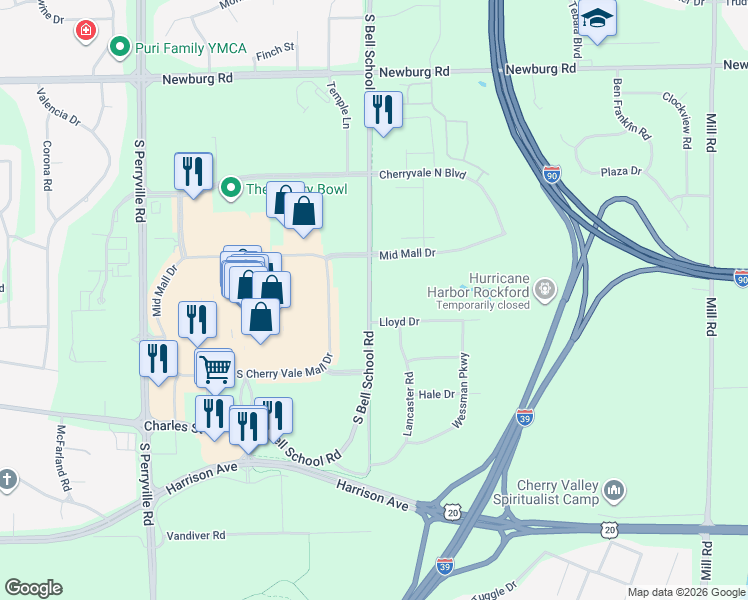 map of restaurants, bars, coffee shops, grocery stores, and more near 7570 Lloyd Drive in Cherry Valley