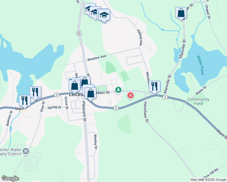 map of restaurants, bars, coffee shops, grocery stores, and more near 950 Main Street in Leicester
