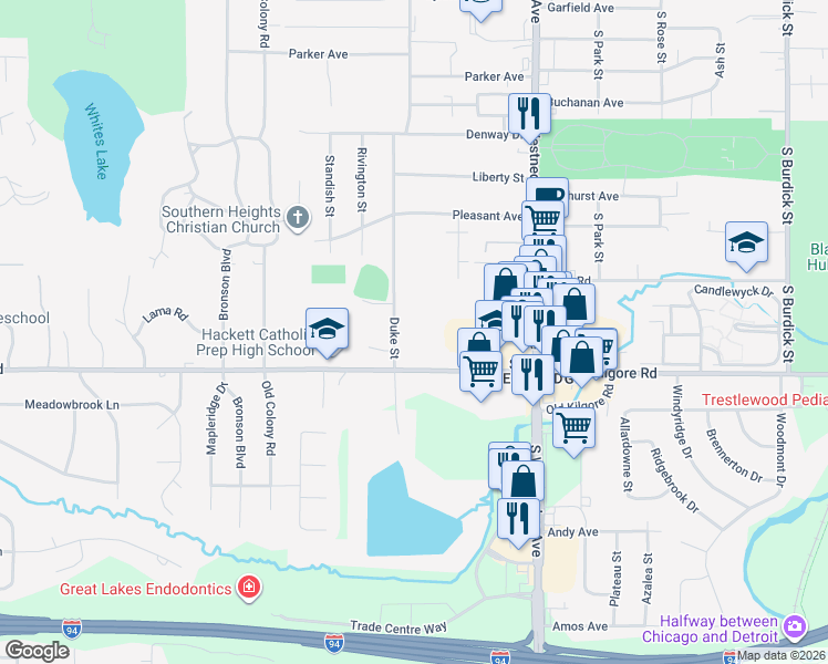 map of restaurants, bars, coffee shops, grocery stores, and more near 4415 Duke Street in Kalamazoo