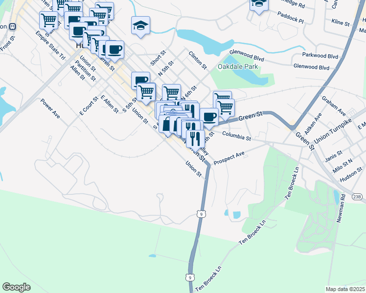 map of restaurants, bars, coffee shops, grocery stores, and more near 701-713 Union St in Hudson