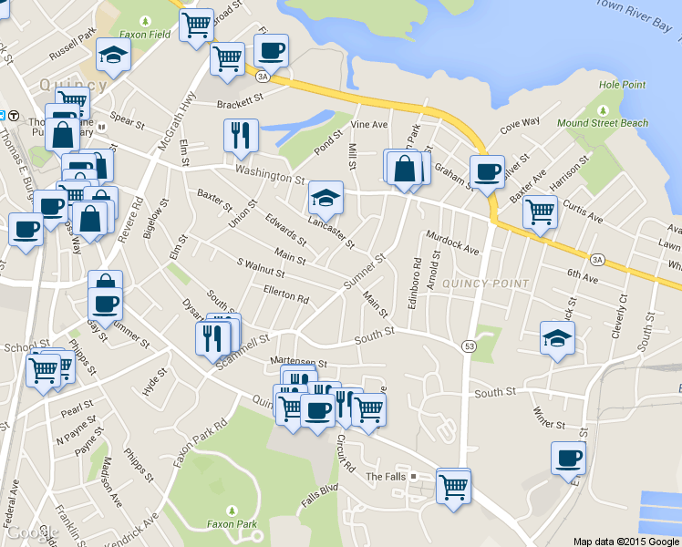 map of restaurants, bars, coffee shops, grocery stores, and more near 141 Main Street in Quincy