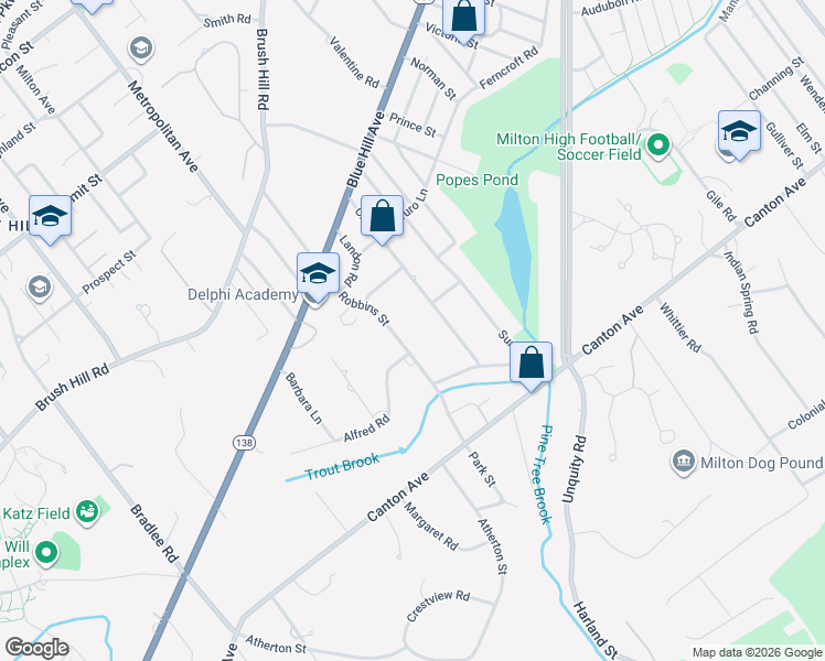 map of restaurants, bars, coffee shops, grocery stores, and more near 97 Robbins Street in Milton