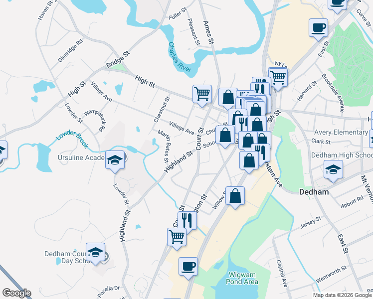 map of restaurants, bars, coffee shops, grocery stores, and more near 10 Highland Street in Dedham
