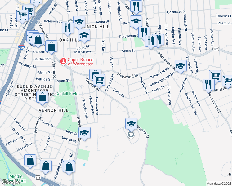 map of restaurants, bars, coffee shops, grocery stores, and more near 36 Derby Street in Worcester